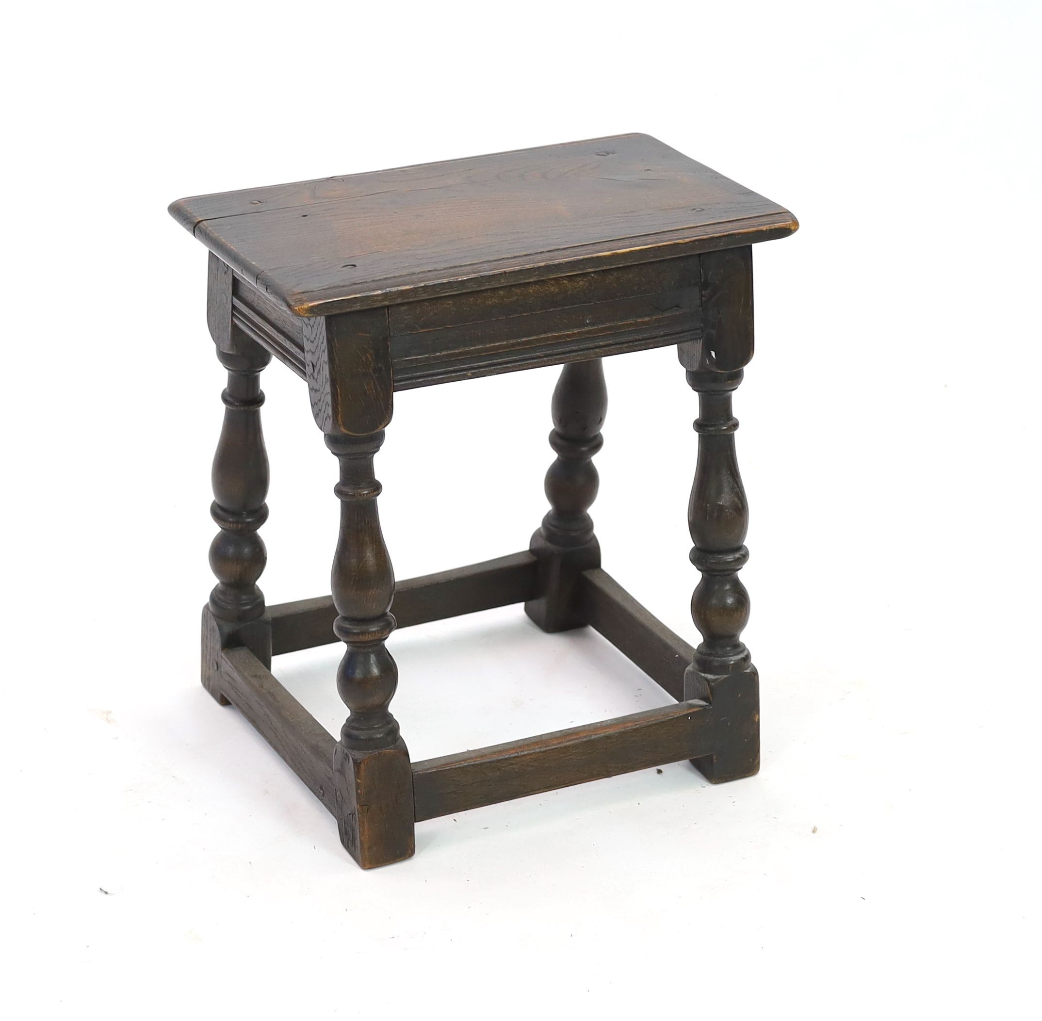 An 18th century style rectangular oak joint stool, width 42cm depth 25cm height 44cm